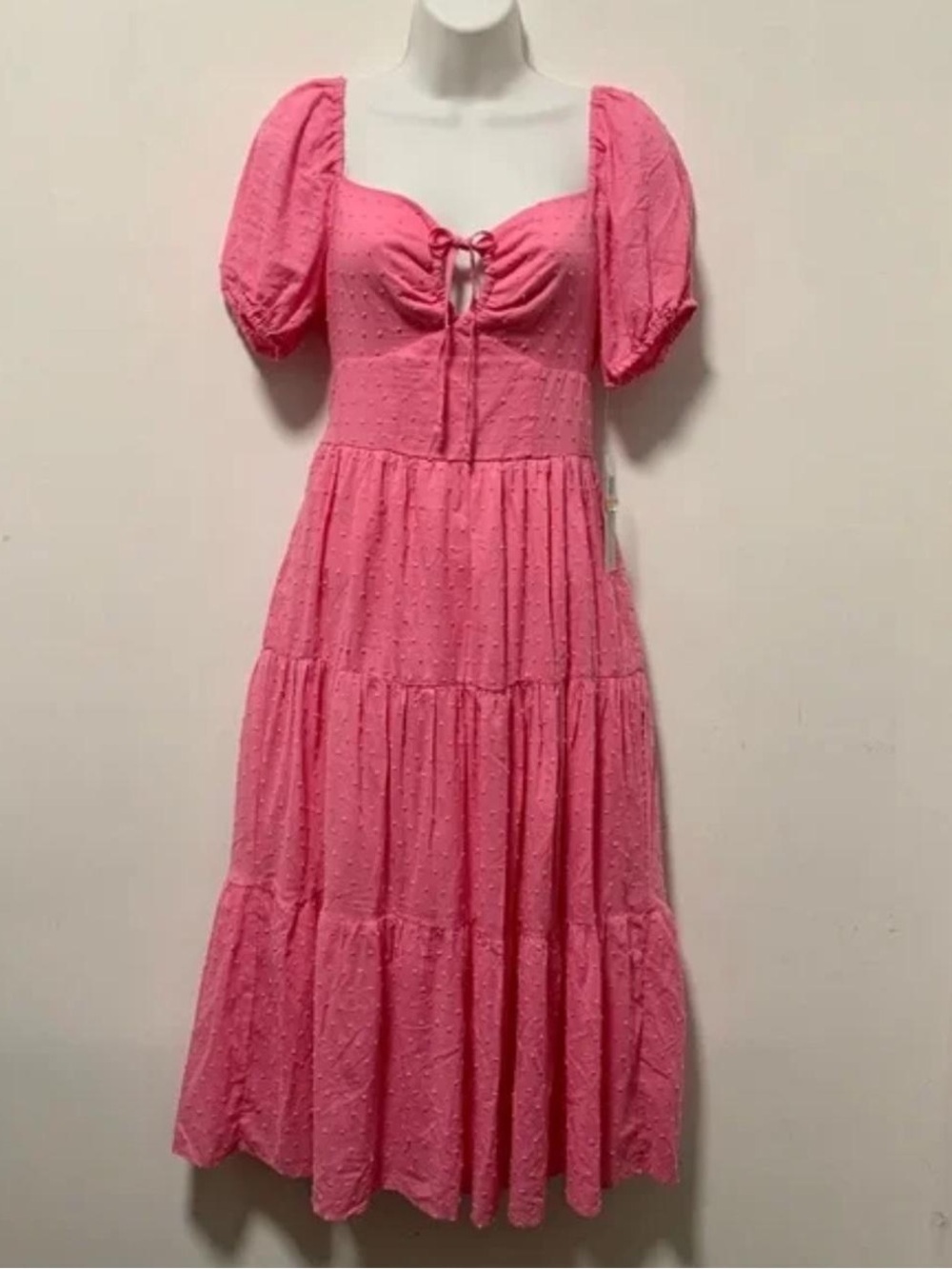 Pink Puff-Sleeve Tiered Midi Dress with Tie Front
